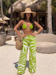 HOTTIE HABIT Women's 3-Piece Halter Triangle Bikini Set, Solid Lime Green Bikini Paired With Lime Green And White Zebra Print Loose Wide Leg Beach Pants, Suitable For Beach, Pool, Vacation - Green - View 3