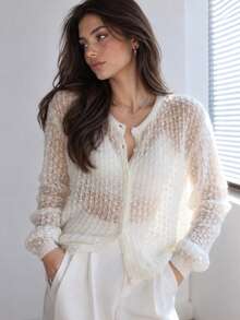 Yuwenier White Semi-Transparent Fuzzy Knit Cardigan, V-Neck Front Button Long Sleeve Lightweight Spring Autumn Winter Cafe Casual Daily Vacation Outfit - Beige - View 1