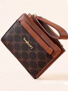 European And American Lychee Grain Minimalist Women's Wallet, High-End Elegant Bi-Fold Card Slot Multi-Compartment Zipper Short Coin Purse With Letter - Coffee - View 2
