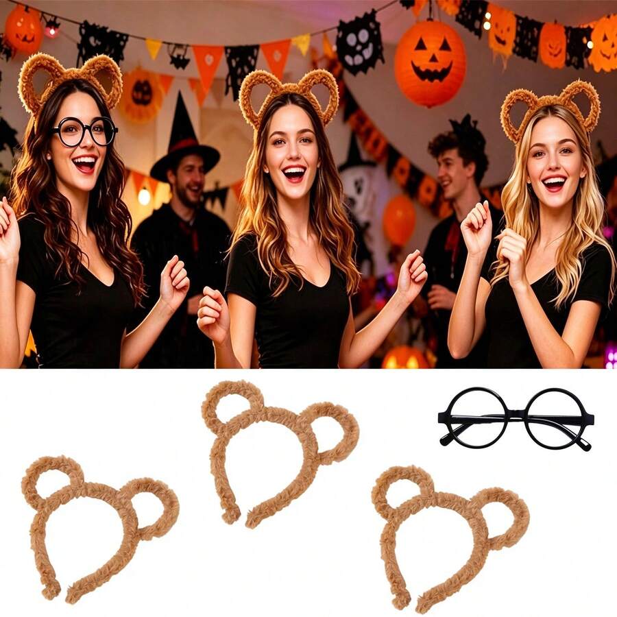 4pcs Chipmunk Costume Accessories Set, 3pcs Chipmunk Ear Headbands And 1pc Round Frame Glasses Set, Christmas Carnival Costume Outfit, Suitable For Role Play Animal Halloween Party - Khaki - View 1
