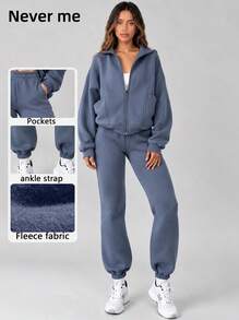 Never me Women's 2 Pieces Sports Set With Stand Collar, Zipper Pockets, Fitness Casual - Dusty Blue - View 1