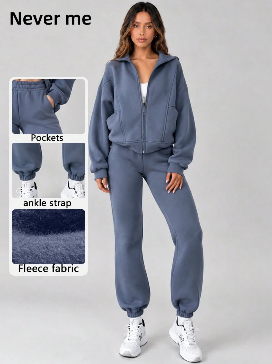 Never me Women's 2 Pieces Sports Set With Stand Collar, Zipper Pockets, Fitness Casual - Dusty Blue - View 1