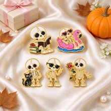 Funny Skull Enamel Lapel Pins, Cute Cartoon Skeleton Brooch Badge, Metal Decorative Pin For Jacket Backpack, Halloween Jewelry Gift For Man Women - Multicolor - View 6