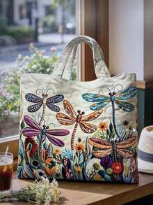 Women's Tote Bag, Quilted Canvas With 3D Floral & Animal Prints, Large Capacity Shoulder Bag, Boho Art Style For Beach, Shopping & Daily Use - Multicolor - View 6