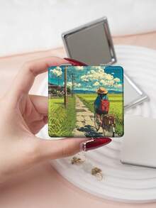 1PC Ins Anime Series Portable Vanity Mirror, Foldable Lightweight Ultra-Thin Convenient Hand Mirror, PU Leather, Suitable For Multiple Scenarios And All People, Foldable Small Square Mirror, Pocket Mirror, Fresh Sky Portrait Rice Field Ditsy Floral Printed Pattern Design, Exquisite Handheld 180° Flip Cover Multifunctional Mini Mirror - Multicolor - View 9