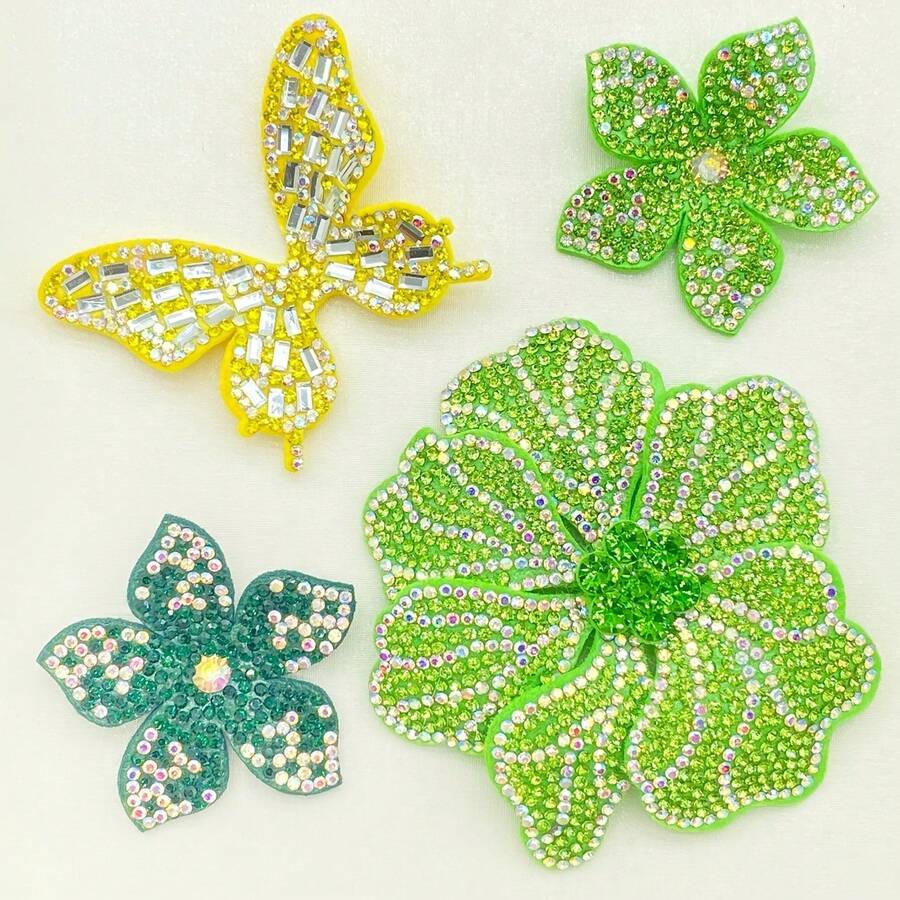 4件裝紫色水鑽花朵與蝴蝶手工縫製貼花，適用於衣物、鞋子、帽子、包包裝飾 - 多色 - 查看 1