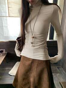 Autumn/Winter Solid Color Long Sleeve Turtleneck T-Shirt - Apricot - View 6