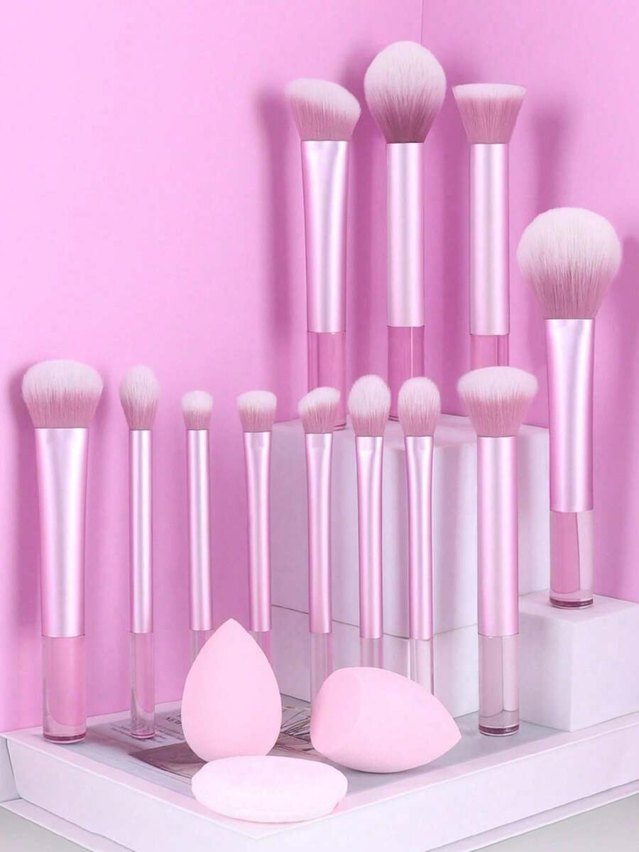 12pcs Pink Transparent Handle Multi-Function Makeup Brush Set, Includes Powder Brush, Blush Brush, Foundation Brush, Eyeshadow Brush, Blending Brush, Contour Brush + Angled Makeup Sponge, Round Makeup Sponge, White Powder Puff, Essential For Beginners, Random 12pcs - Pink - View 1