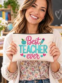 The Best Teacher Letter Design Ever, Apple Pencil Pattern Striped Zipper Makeup Bag, Travel Toiletry Bag, Large Capacity Storage Bag, Coin Purse, Suitable For Easter, Teacher's Day, Birthday, Gift For Sisters, Christmas - Multicolor - View 4