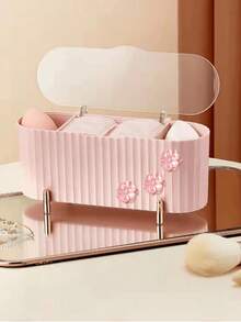 Cute Flower Decor 3-Compartment Cotton Pad Storage Box, Transparent Lid Dust-Proof Desktop Organizer, Suitable For Cotton Pads, Cotton Swabs, Makeup Sponges, Small Cosmetic Accessories Storage Box For Vanity And Bathroom - Multicolor - View 14
