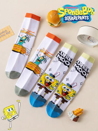 SpongeBob SquarePants 4/2/1 par de calcetines de media caña con diseño de dibujos animados SquarePants para hombres, regalo divertido de Navidad, otoño/invierno