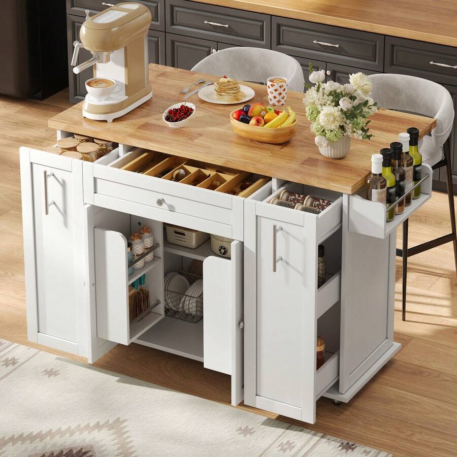 Flieks Kitchen Island On Wheels With Foldable Countertop, Mobile Kitchen Cart With 3-Tier Vertical Drawers, 2 Door-Mounted Racks And Lockable Casters, 120 * 45(70) * 87 Cm - White and Natural - View 1