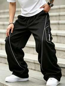 Men's Casual Loose Straight Leg Fashion Sports Long Pants, Spring/Autumn - Black - View 2