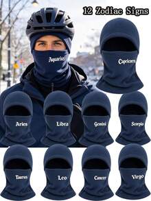 1Pc 12 Zodiac Letter Print Fleece Balaclava Hat, Winter Warm Windproof Face Mask, Outdoor Skiing Cycling Neck Gaiter For Men & Women - Blue - View 1