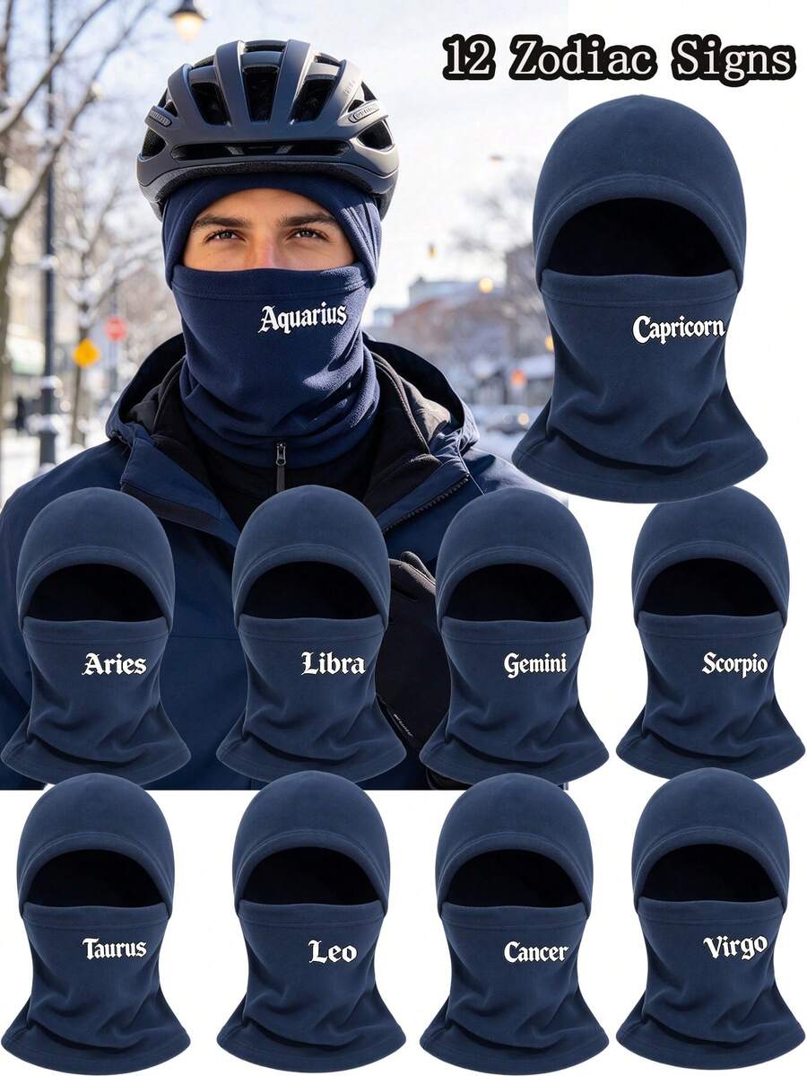 1Pc 12 Zodiac Letter Print Fleece Balaclava Hat, Winter Warm Windproof Face Mask, Outdoor Skiing Cycling Neck Gaiter For Men & Women - Blue - View 1