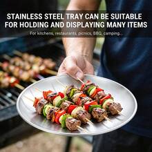 1/5pcs Silver Stainless Steel BBQ Plate, Pizza Tray, Western Style Dinner Plate, Dessert Coffee Tray, Fruit Serving Platter, Perfect For Camping, Patio, BBQ Buffet And Outdoor Dining, Essential Kitchen Utensils For Home. BBQ Accessories, Kitchen Accessories, Dessert Tray, Pizza Tray, Steak, BBQ Skewer Serving Platter, Bone Plate. - A - View 5