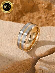 1 buah Cincin Pria Garis Cekung Retro Minimalis Berlapis Emas 18K dari Baja Tahan Karat, Perhiasan Musim Panas - Cincin pria - View 13