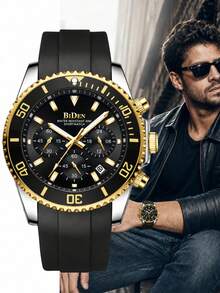 BIDEN Men's Watch Diving Bezel Chronograph Waterproof Luminous Design Rubber Strap Sports Analog Date - Black - View 2