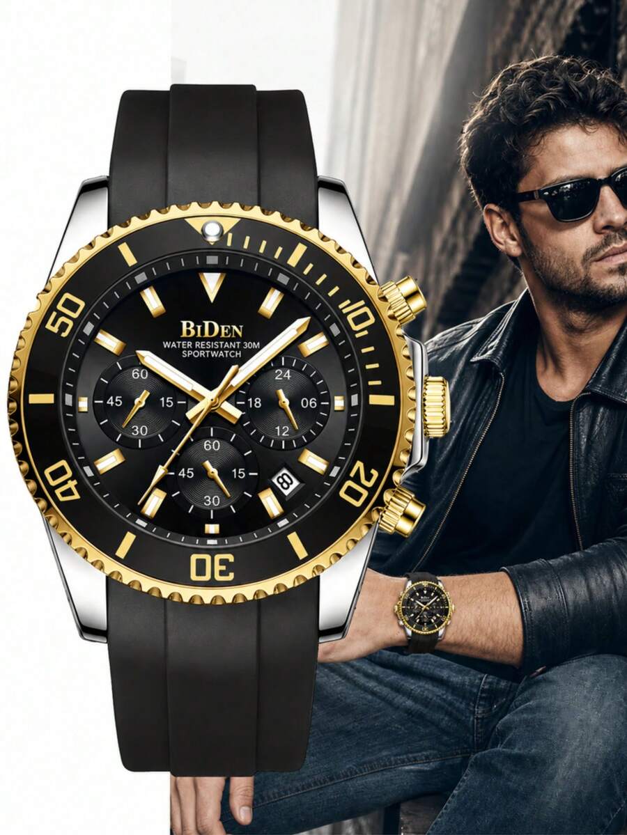 BIDEN Men's Watch Diving Bezel Chronograph Waterproof Luminous Design Rubber Strap Sports Analog Date