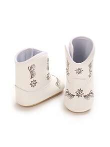 Vintage Floral Embroidered Baby Western Style Leather Boots, White Soft Sole Premium Pre-Walker Shoes - White - View 4