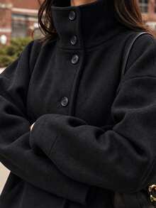 Women's Casual Wool Jacket, Stand Collar Button Design, Navy Blue Thick Coat, Suitable For Commuting, Dating And Daily Wear - Black - View 4