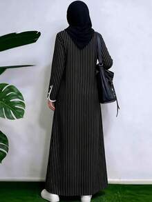 Women's Autumn/Winter Fashion Elegant Long Sleeve Striped Front Button Round Neck Maxi Dress - Black and White - View 7