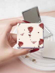 1PC Millennium Y2K Series Portable Vanity Mirror, Foldable Lightweight Ultra-Thin Convenient Hand Mirror, PU Leather, Suitable For Multiple Scenarios And All People, Foldable Small Square Mirror, Pocket Mirror, Cartoon Bow, Ditsy Floral, Rose, Cherry, Heart, Butterfly Printed Pattern Design, Exquisite Handheld 180° Flip Cover Multifunctional Mini Mirror - Multicolor - View 6