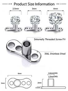14G Dermal Set(With Tool):Anchor Tops &Base Hypoallergenic 316L Stainless Steel Dainty CZ Body Piercings Studs Punk Personalized Jewel Daily Gifts - Silver - View 6