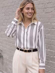 Non-Stretch White Striped Women's Long Sleeve Casual Dress Shirts For Office Daily Work Wear - White - View 7