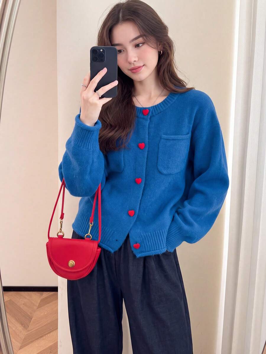 Alicedudu Women's Casual Minimalist Korean Style Contrast Color Button Design Round Neck Sweater Cardigan, Autumn/Winter - Blue - View 1