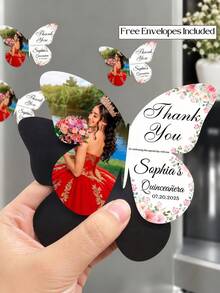 Custom Butterfly Photo Fridge Magnet • Sweet 16 Party Favor • Personalized Thank You Magnet With Floral Design • Birthday Keepsake Gift - Multicolor - View 1