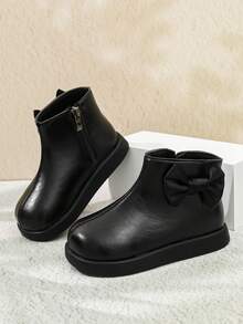 1 Pasang Sepatu Bot Chelsea Anak Perempuan, Bahan PU Lembut + Dekorasi Pita Kain, Sol Karet Datar Anti Selip Ujung Bulat, Desain Resleting Dalam, Sepatu Bot Gaya Retro Klasik Minimalis, Cocok Untuk Sehari-hari, Sekolah, dan Aktivitas Luar Ruangan - Hitam - View 2