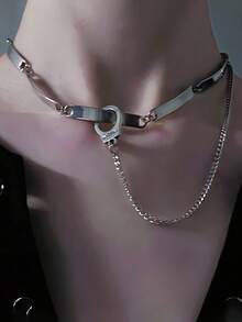 1pc Women's Necklace, Silver Stainless Steel Material, Waterproof, Fade-Resistant, Hypoallergenic, Double-Loop Clasp Collarbone Chain, Vintage Punk Style, Autumn Style, Suitable For Daily Street Wear - Silver - View 3