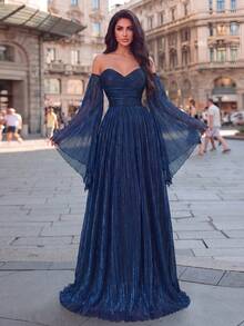 Women's Romantic Off-Shoulder Long Sleeve Ball Gown, Charming Blue Knit Fabric Fitted Waist Zipper Detail Dress, Suitable For Formal Occasions - Royal Blue - View 8