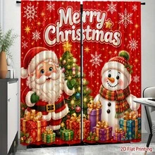 2pcs 2D Flat Printing Santa Claus & Snowman Christmas Pattern Printed Curtains, Soft Light, Privacy Protection, Pocket Rod Installation, Suitable For Living Room, Kitchen, Bedroom, Study, Balcony, Hotel, Restaurant, Apartment, Home Decor (Curtain Rod Not Included) - A - View 2