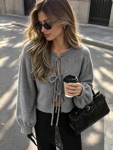 Apperloth A Women's Elegant Ribbed Knit Sweater Round Neck Lace Up Front Drop Shoulder Long Sleeve Tops Fall Clothes Casual Daily Versatile Commute Outfit - Grey - View 1