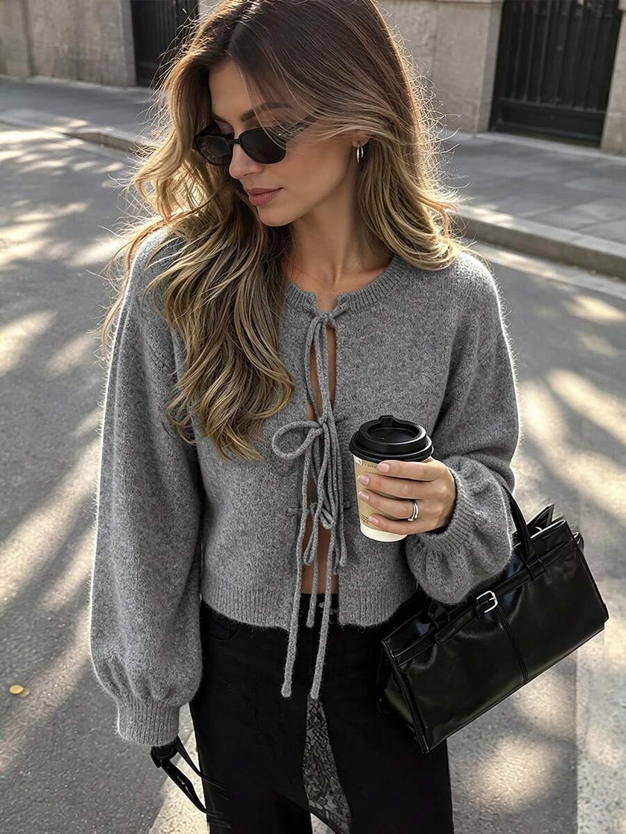 Apperloth A Women's Elegant Ribbed Knit Sweater Round Neck Lace Up Front Drop Shoulder Long Sleeve Tops Fall Clothes Casual Daily Versatile Commute Outfit - Grey - View 1