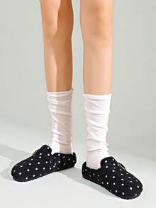 French Vintage Polka Dot Buckle Mule Slippers, Wool Lining With Fleece, Closed Toe Slouchy Slippers, Autumn/Winter - Polka Dot Black - View 2