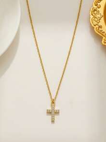 RAYQUEEN 1PC Stainless Steel Rhinestone White Cross Pendant Necklace For Women, Suitable For Daily Wear - Gold - View 2