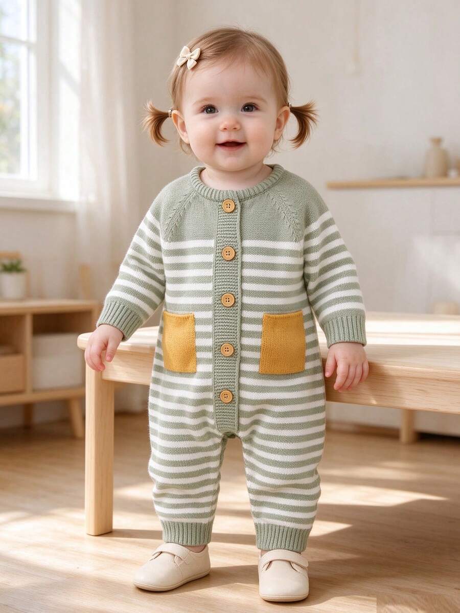 New Striped Knit Long Sleeve Jumpsuit For Infants And Toddlers - Green - View 1