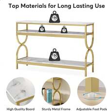 Mesa de Consola Industrial de 55 Pulgadas de Largo, Estrecha, de 3 Estantes Abiertos,ármol Blanco y Marco Dorado, para Entrada, Pasillo, Sala de Estar y Recámara - Blanco y dorado - Ver 3