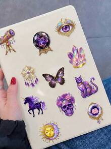 50Pcs Aesthetic Purple Galaxy Witch Decals, Glitter Celestial Crystal & Magic Potion Stickers For Scrapbook Layout, Planner Decor & DIY Stationery Craft - Multicolor - View 4