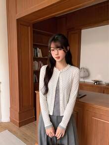Women's Preppy Sweet Fall Polka Dot Striped 2 In 1 Top, Ruffle Crew Neck Button Down Long Sleeve Slim Fit Top For School, Travel, Cafe, Dating - Black and White - View 7