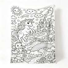 1PC Black White Line Art Unicorn Castle Flannel Throw Blanket, Doodle Pattern Blanket For Bedroom Sofa Home Decor - Multicolor - View 1