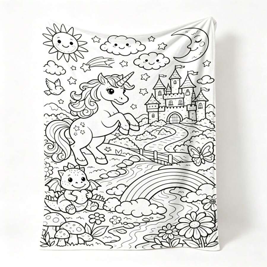 1PC Black White Line Art Unicorn Castle Flannel Throw Blanket, Doodle Pattern Blanket For Bedroom Sofa Home Decor - Multicolor - View 1