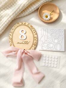 Baby Monthly Milestone Marker With Interchangeable Number Announcement Photo Prop, Oval Baby Milestone Sign With Interchangeable Numbers And Pink Ribbon, Wooden 1-12 Months Baby Photo Prop For Monthly Growth Photography - Multicolor - View 1
