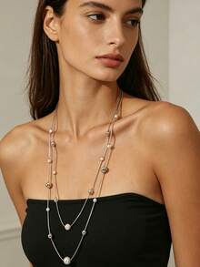 Multilayer Long Pearl Beaded Necklace, Minimalist Layered Statement Neck Jewelry For Women Daily Vacation Outfit - Necklace - View 2