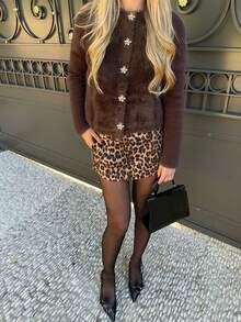 Glamful Elegant Faux Mink Fur Collar Metal Flower Button Faux Fur Coat - Coffee Brown - View 3