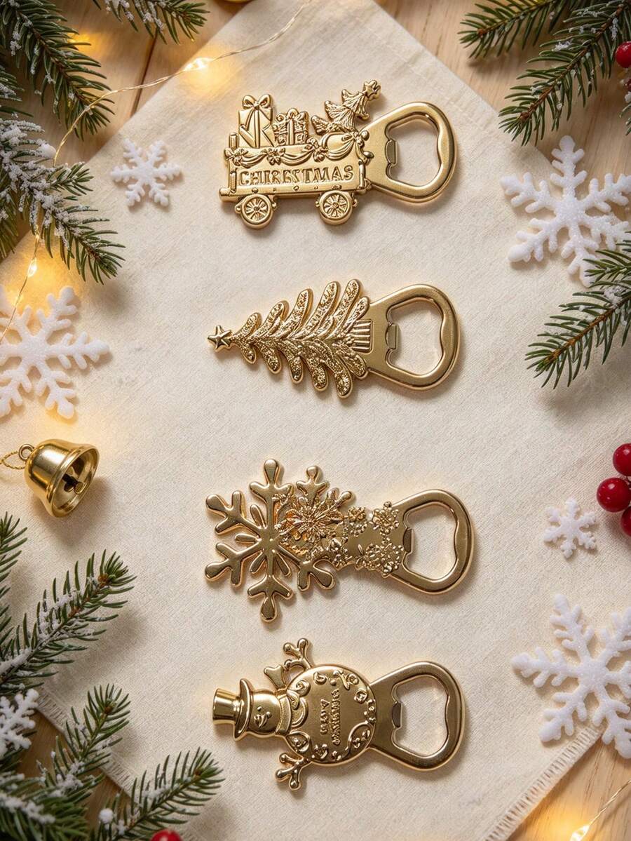 1pc Christmas Bottle Opener, Snowman, Christmas Tree, Snowflake And Gift Cart Pattern, Holiday Bar Tool, Unisex Christmas Stocking Stuffer Gift - View 1
