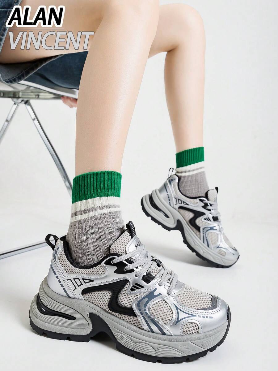 Alan Vincent [City Sports Shoes 系列] 銀色女款新款增高厚底運動鞋，舒適時尚跑步鞋，休閒運動鞋，女款戶外鞋，透氣網布